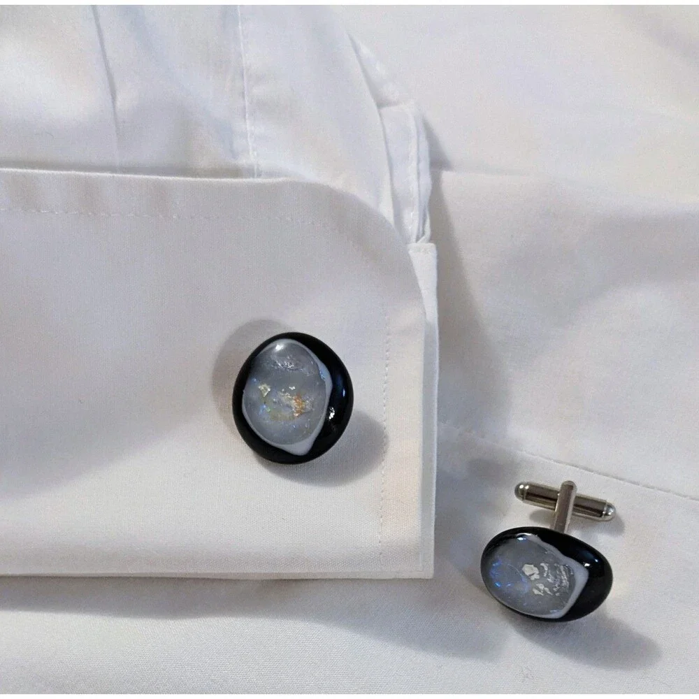 Fused Glass Men's Cufflinks Black & White Unique Pearly Opalescent Design
